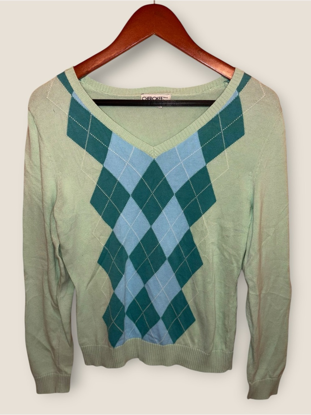 Vintage Y2K Cherokee Mint Blue Argyle V-Neck 100% Cotton Sweater Size S